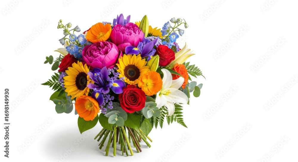 Obraz premium Vibrant and colorful mixed flower bouquet featuring peonies, sunflowers, irises, roses, and lilies, bursting with fresh blooms against a clean white background, perfect for celebrations.