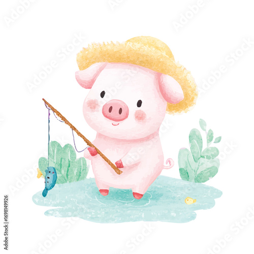Adorable Pig Fishing Watercolor Illustration Cute Farm Animal Cartoon.