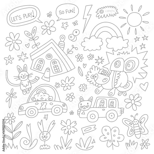 Whimsical Doodle Art Collection With Cute Animals And Nature Elements Keywords: doodle, drawing