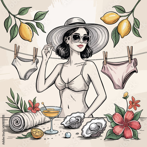 Woman in bikini and hat with laundry and tropical elements sunglasses