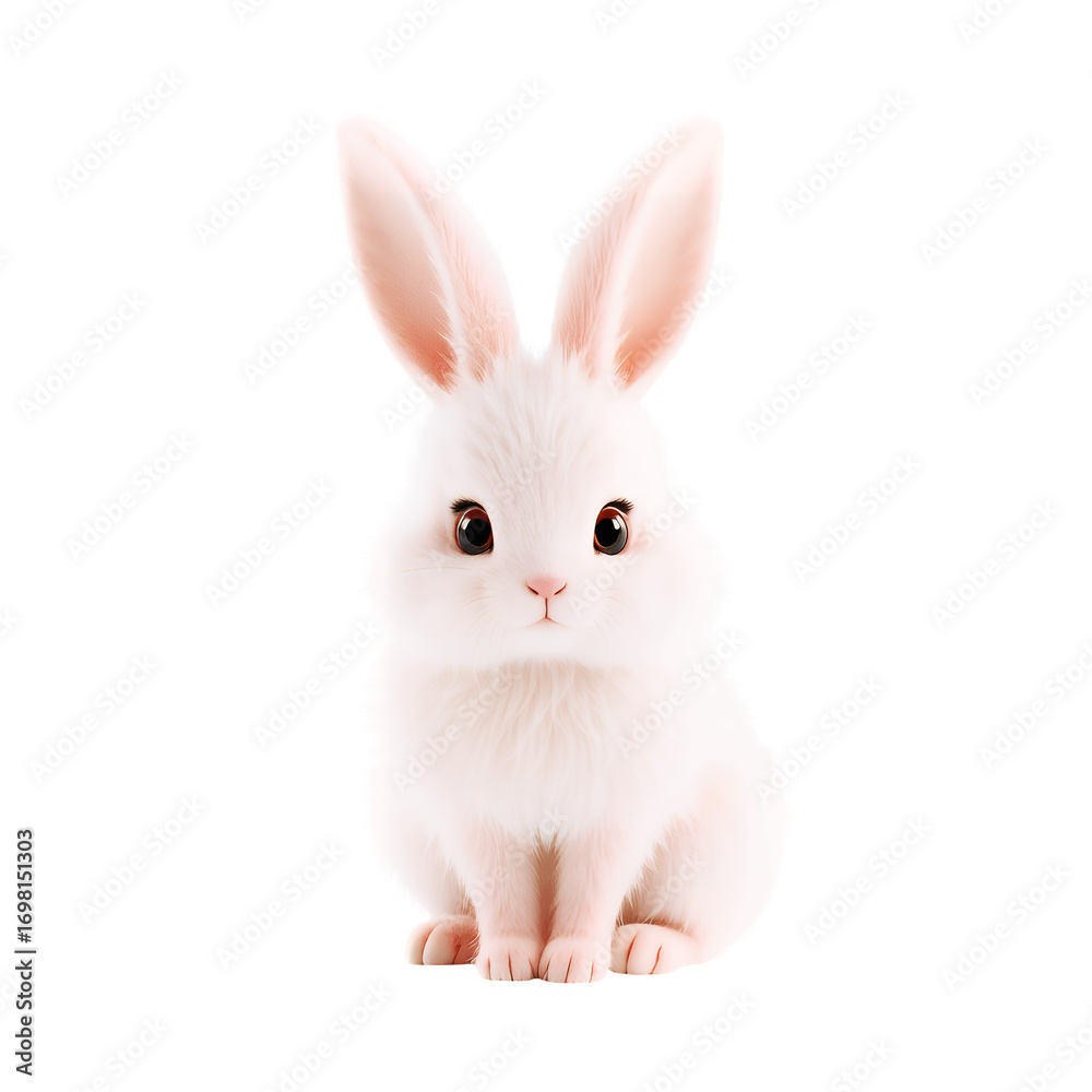 Obraz premium A fluffy white baby bunny with large ears and dark eyes sits looking forward