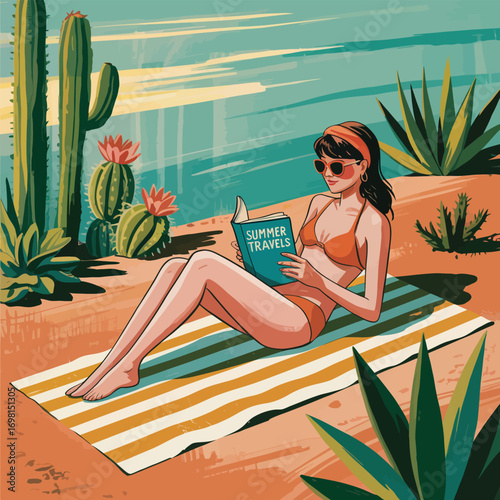 Woman in bikini reading book on beach with cacti and desert plants Keywords: woman, bikini
