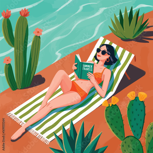 Woman in bikini reading book on lounge chair by pool with cacti Keywords: woman, bikini, reading