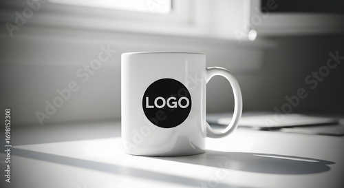 White mug with black logo on a white surface, in a bright room.