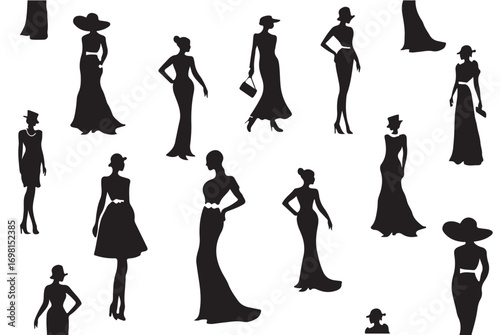 Black silhouettes of women in elegant dresses and hats
