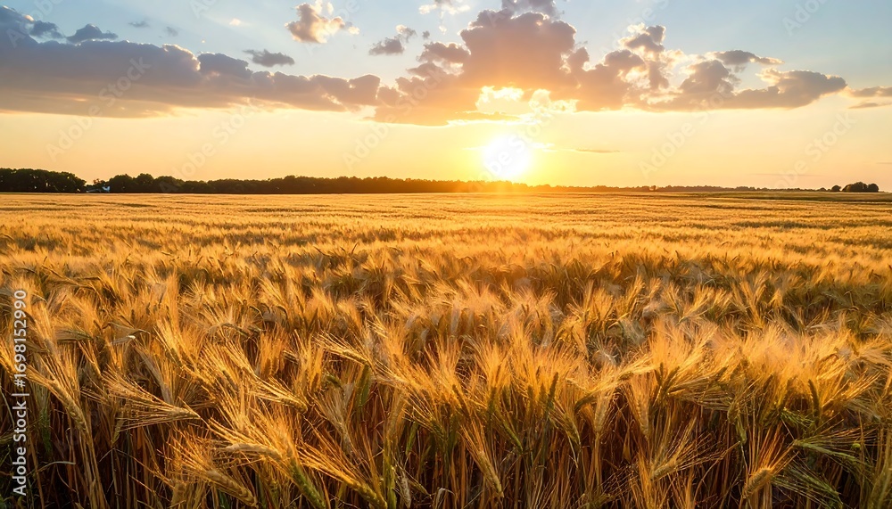 Obraz premium A golden sunset bathes a vast field of ripe grain, casting long shadows and illuminating the horizon's clouds