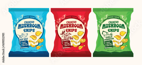 Mushroom Chips Packaging Illustration Set – Sea Salt, Korean BBQ, Garlic Parmesan