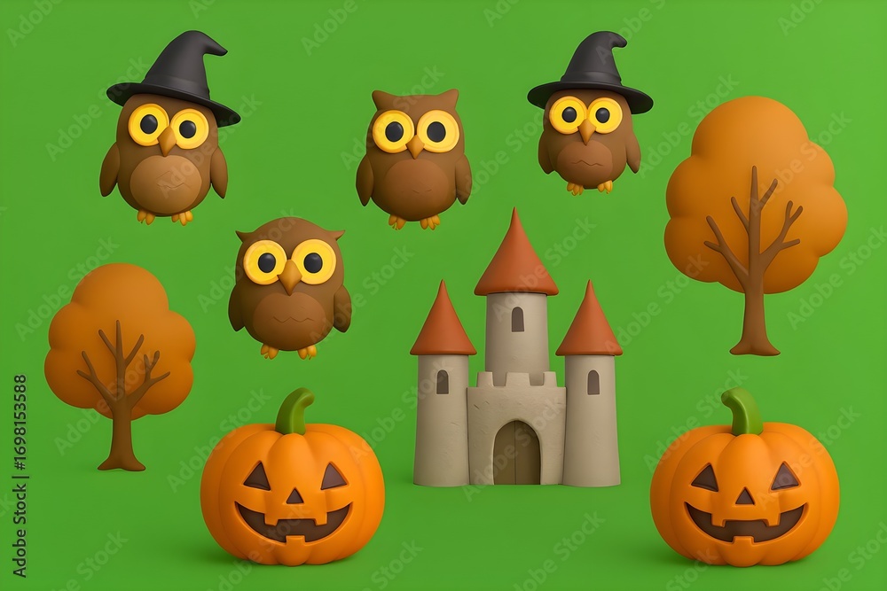 Fototapeta premium 3D Floating Owls and Halloween Pumpkins in Magical Forest Kingdom on Green Background