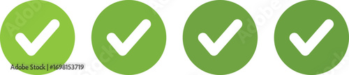 Green shade check mark tick icons in circular design, vector confirmation and approval symbols for apps, websites, and digital projects