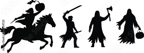Silhouette of the headless horseman and grim reaper figures