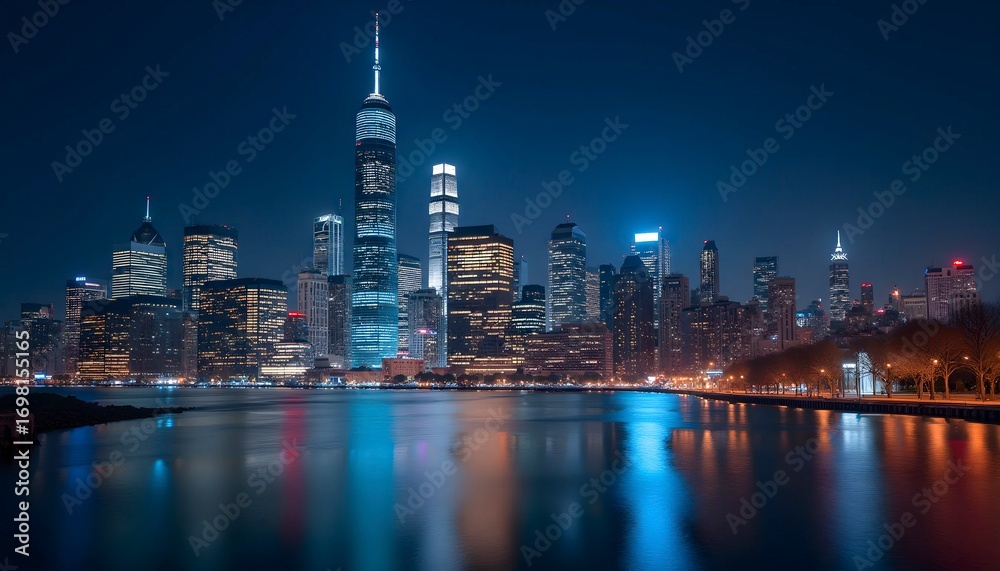 Obraz premium City skyline at night with skyscrapers illuminated