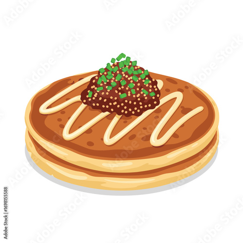 Delicious savory pancake topped with a hearty mixture and drizzled with creamy sauce
