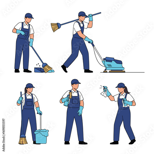 Professional cleaning crew performing various household and commercial maintenance tasks with modern equipment and tools