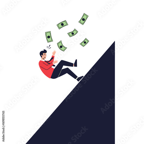 Financial ruin a man tumbles downhill amidst falling bills losing all his wealth