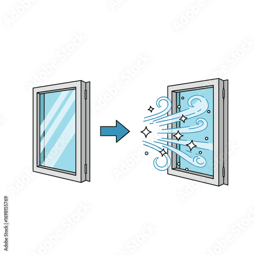 Ventilation and air purification through open window with fresh breeze and sparkling air particles