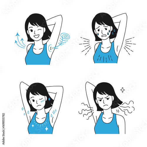 Illustrations depicting different underarm conditions from fresh and clean to sweating and unpleasant odor