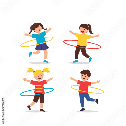 Children enjoy playing and spinning hula hoops with enthusiasm and joy on a white background