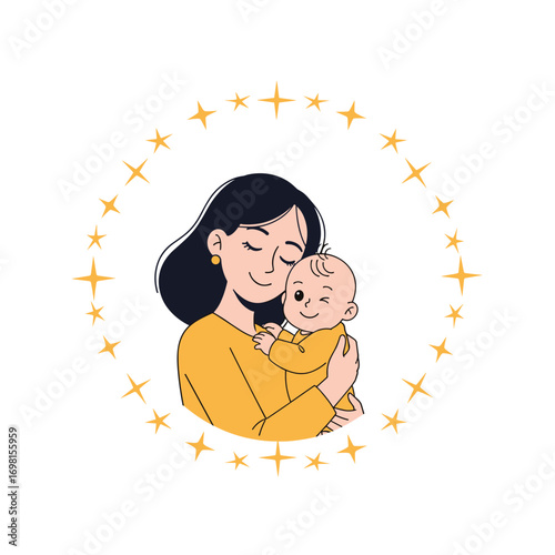 Beautiful mother holding her adorable baby surrounded by sparkling stars gentle embrace of maternal love and nurturing care