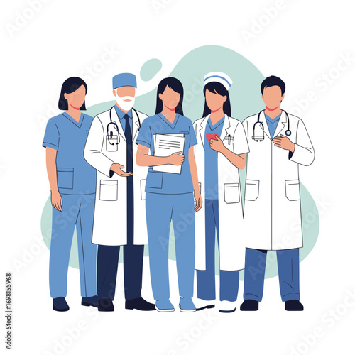 A diverse group of healthcare professionals standing together ready to serve patients with care and expertise