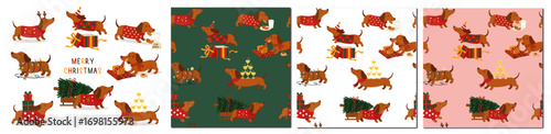 FULL SET OF CHRISTMAS DACHSUND  - CUTE DOG ILLUSTRATION AND PATTERN FOR INVITATIONS, GREETING CARD AND PRINTS