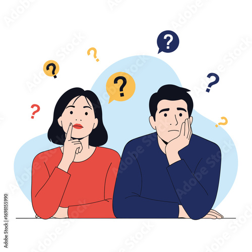 Two people thinking with question marks above their heads symbolizing confusion and curiosity