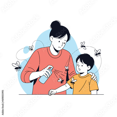 Mother spraying insect repellent on her son to protect him from mosquitoes during outdoor activities