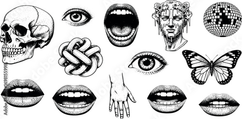 Surreal collection of monochrome vintage engraving style illustrations with skull, eye, mouth, butterfly, and disco ball elements