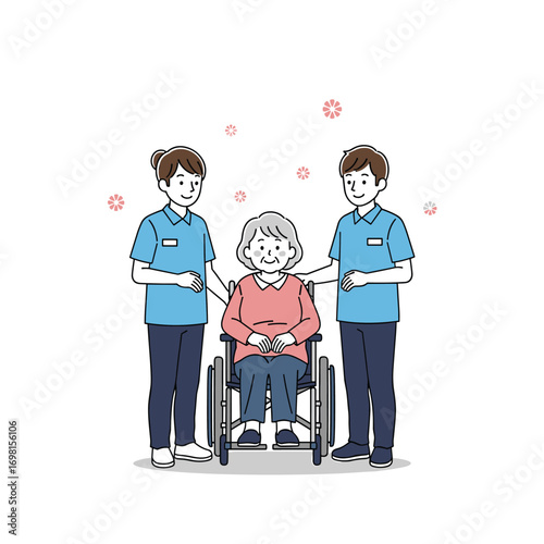 Caring hands providing assistance and support to an elderly woman in a wheelchair