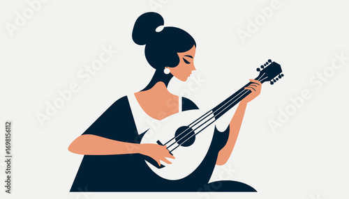 Elegant woman plays lute, serene musical moment captured