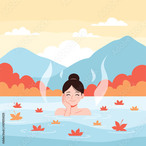 Peaceful young woman enjoying a relaxing soak in a natural hot spring surrounded by autumn leaves and misty mountains during a serene outdoor vacation