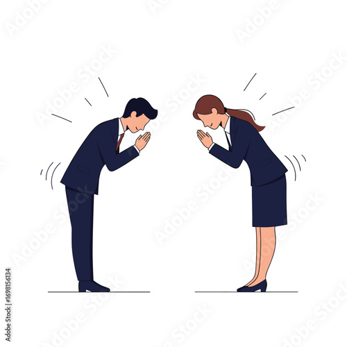 Business professionals bowing respectfully to each other in a formal setting