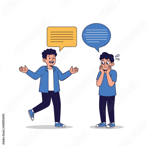 Two young men engaged in a conversation with speech bubbles above their heads displaying messages one looking excited and the other looking surprised