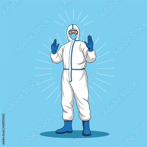 Healthcare professional wearing a full protective suit and mask against a light blue background with radiating lines symbolizing safety and protection from disease