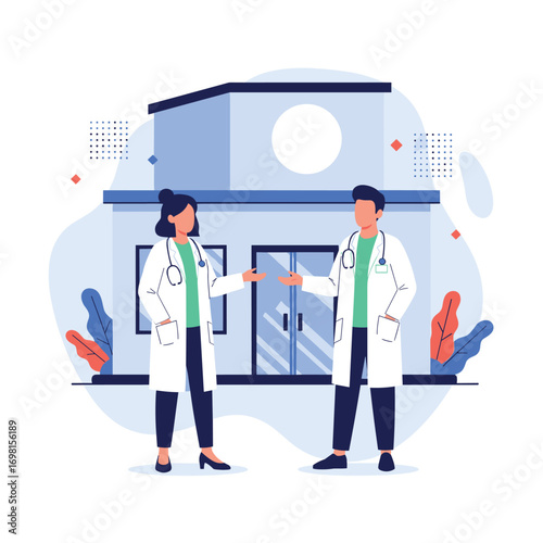 Healthcare professionals standing outside a modern medical facility discussing patient care and treatment plans