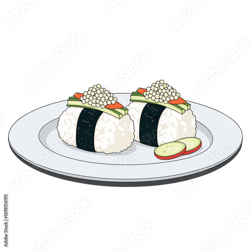 Two delicious onigiri rice balls topped with finely diced ingredients and cucumber slices served on a white plate