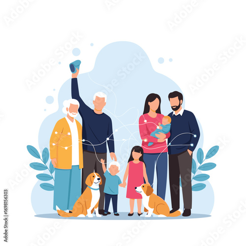A diverse multigenerational family and their beloved canine companions enjoying a joyful gathering outdoors