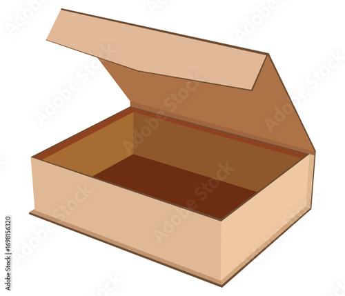 Illustration of an open light brown cardboard box with lid isolated on white  