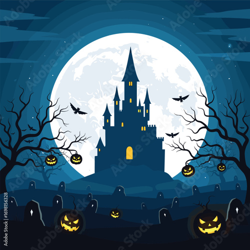 Spooky halloween castle scene with full moon and jack o lanterns under a dark night sky