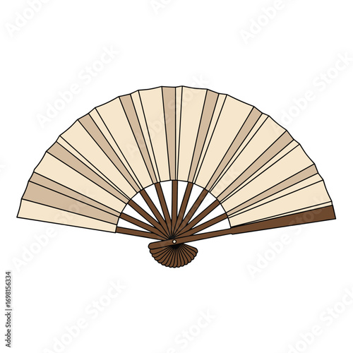 Elegant foldable hand fan with natural wood ribs and cream colored fabric for cooling and decoration