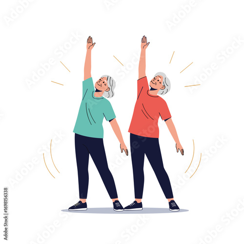Active elderly couple performing stretching exercises together for health and wellness