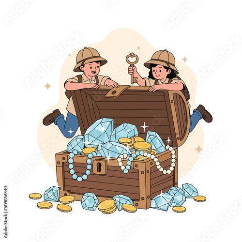 Two young adventurers discover a treasure chest overflowing with diamonds gold coins and pearls