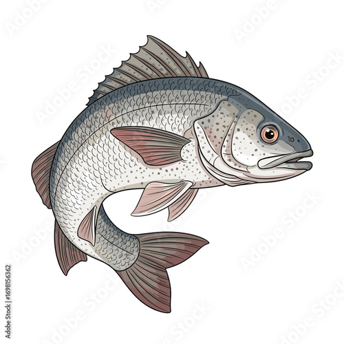 A detailed illustration of a saltwater drum fish with distinctive fins and scales