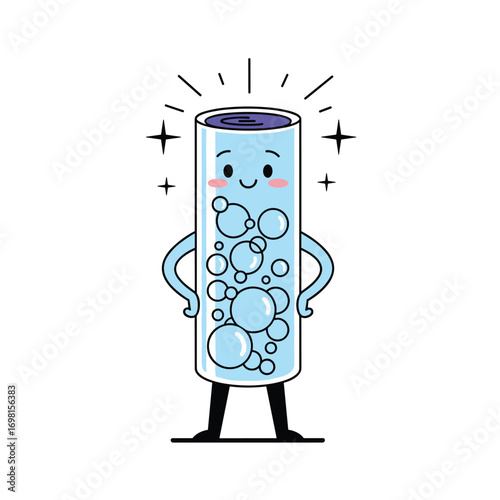 Excited fizzy drink character with bubbles and sparkles standing proudly