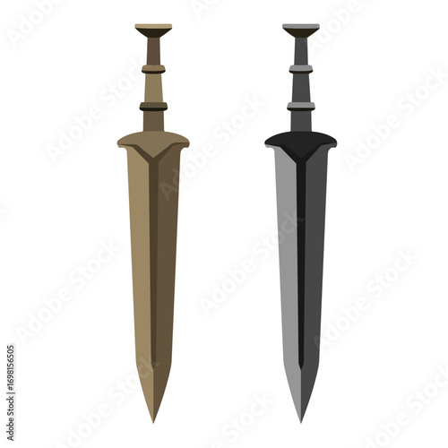 Two medieval swords with straight double edged blades isolated on white  