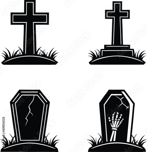 Spooky halloween cemetery gravestones and coffins with skeleton hand