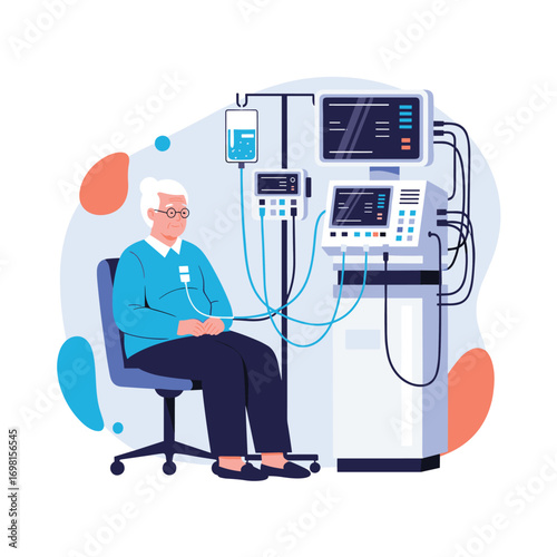 Elderly patient receiving advanced medical treatment from life support machines and equipment in a clinic or hospital setting