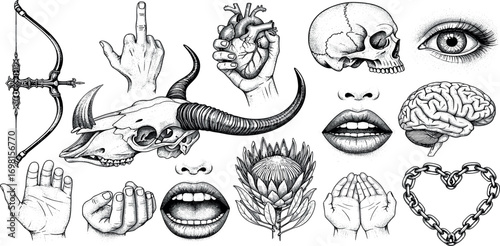 Hand-drawn collection of monochrome tattoo art featuring occult symbols, anatomical parts, and mystical objects