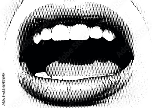 High contrast black and white graphic of a wide open mouth with perfect teeth, a powerful symbol of screaming, shouting, or protest