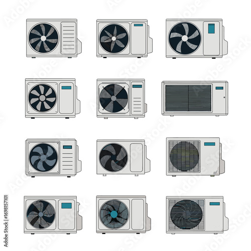 Outdoor units for air conditioning systems showing different fan designs and enclosures for optimal cooling and ventilation
