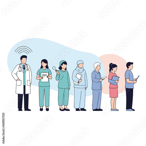 A diverse group of healthcare professionals standing together representing the importance of teamwork and collaboration in medicine